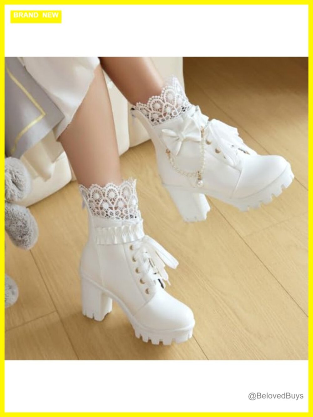 Women's Platform Ankle Boots with Lace Trim and Pearl Chain Embellishment - Picture 5 of 6